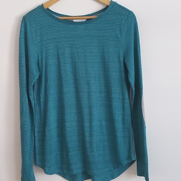 Sundance Striped Long Sleeve Shirt, Green/Navy Raw Hem Neckline Size S - Picture 2 of 6